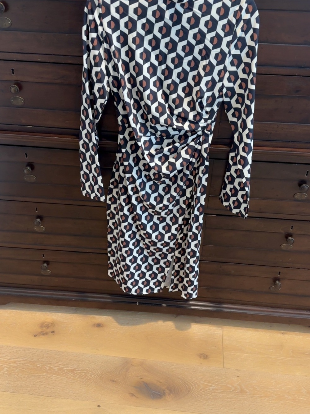 Long-Sleeve Geometric Wrap Dress - Black, White & Brown Accents